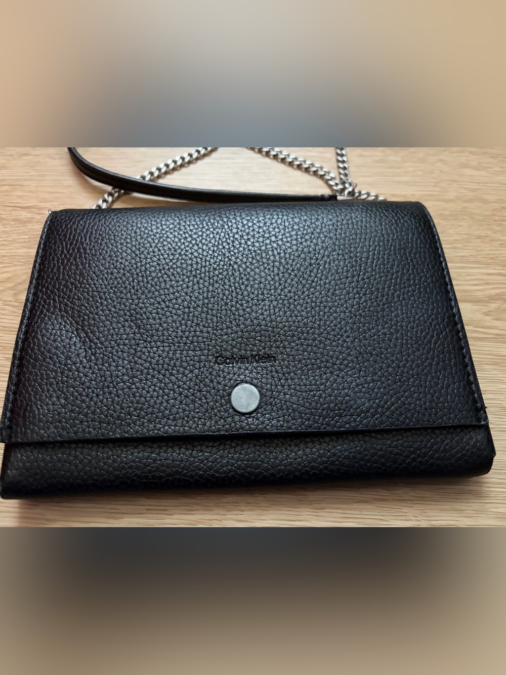 Calvin Klein Black Pebbled Leather Crossbody Wallet with Chain